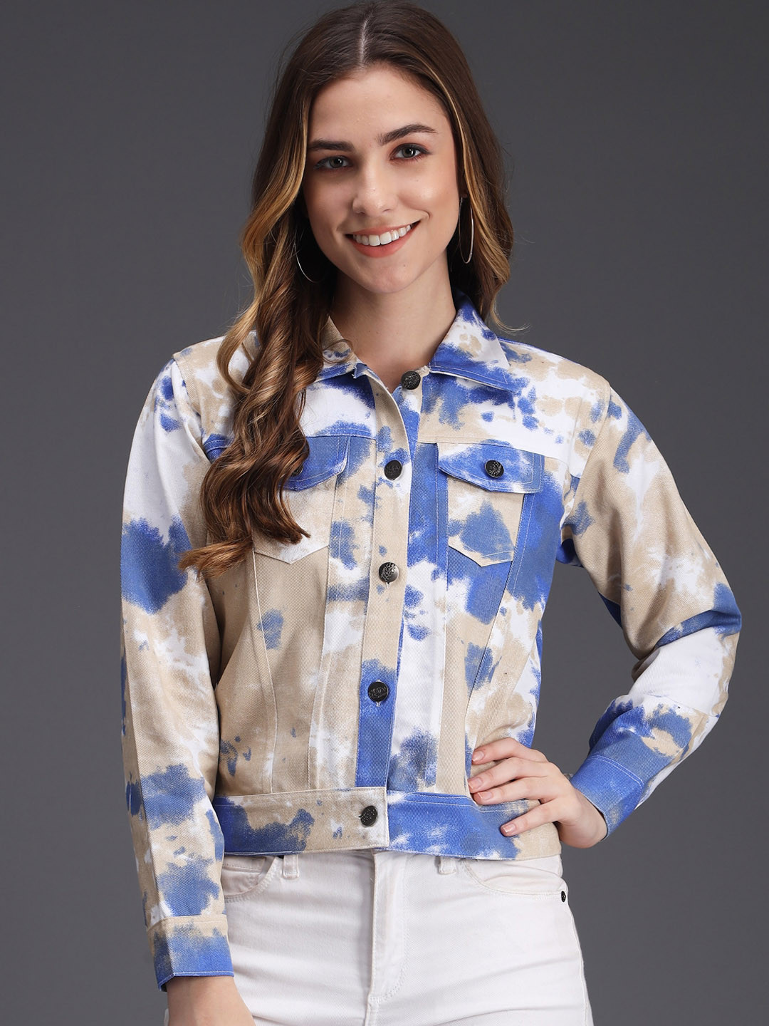 BAESD Abstract Printed Crop Denim Jacket With Patchwork