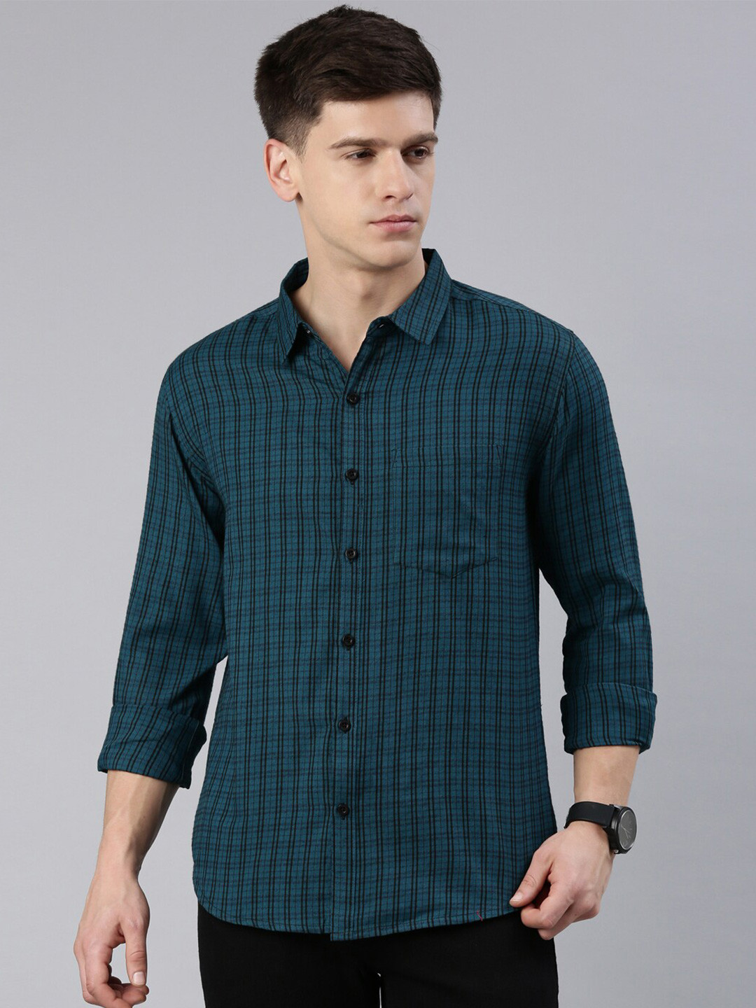 Metronaut Spread Collar Slim Fit Tattersall Checked Casual Shirt
