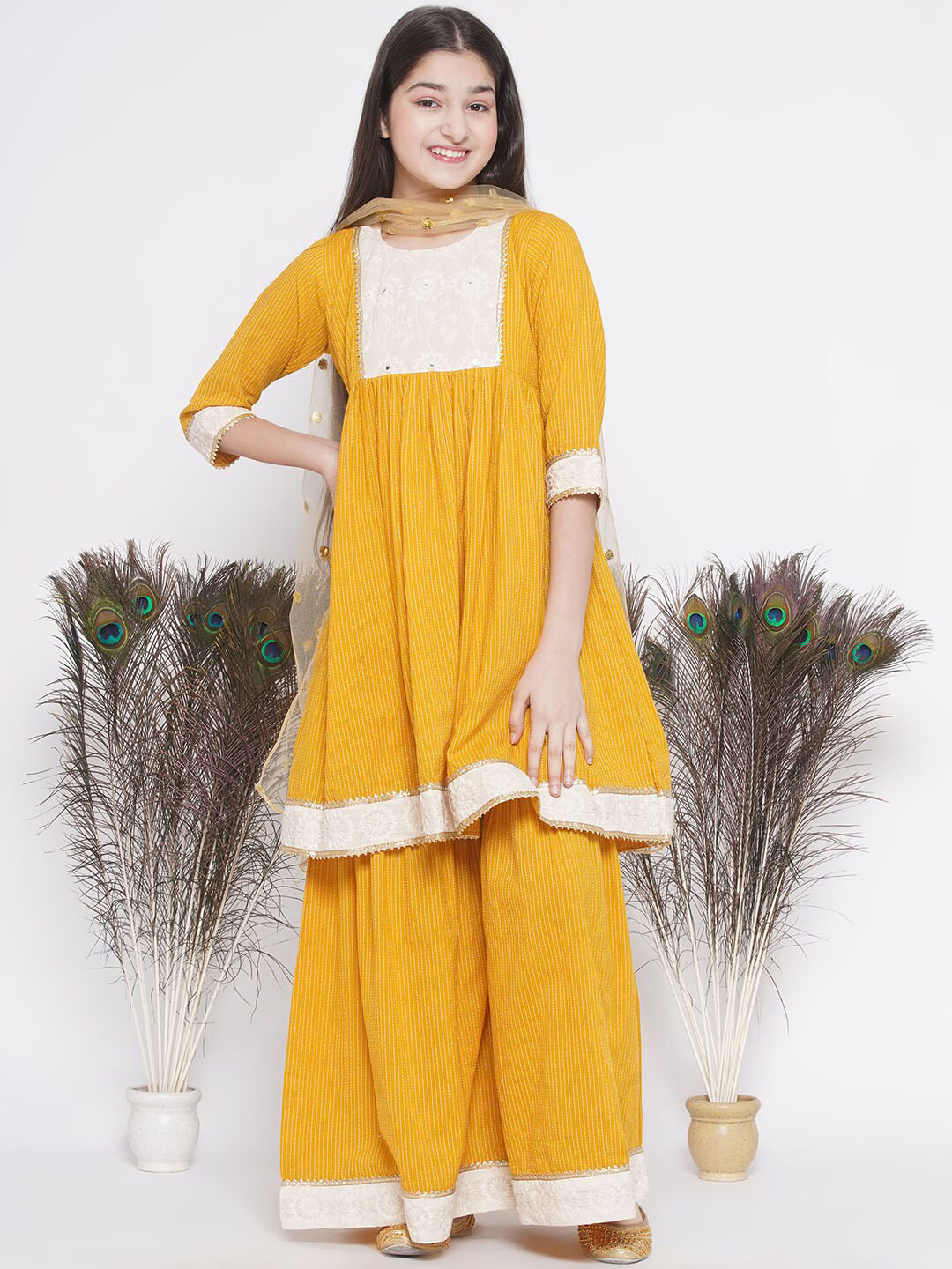Little Bansi Girls Striped Thread Work Pure Cotton Kurta With Sharara & Dupatta