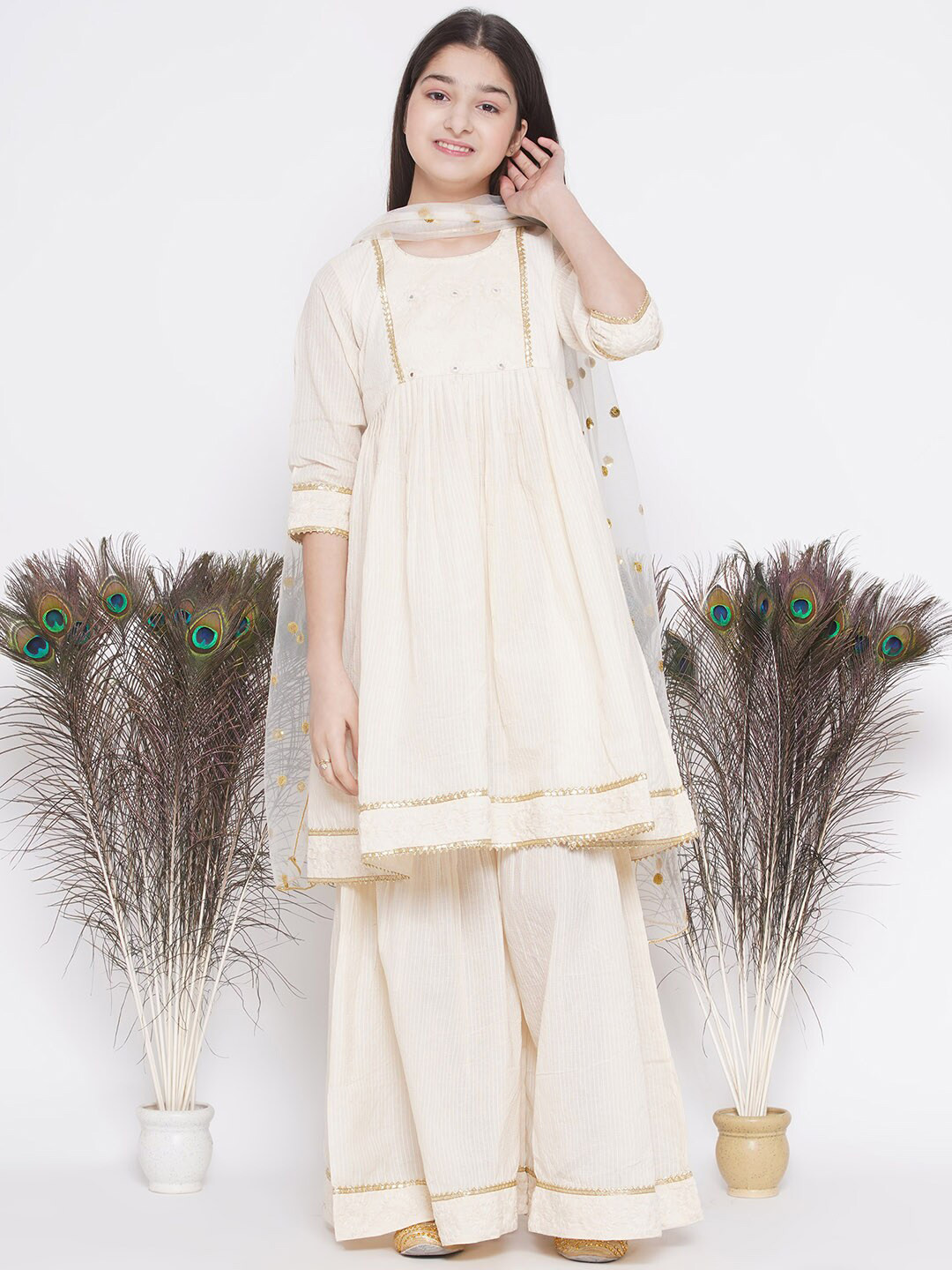 Little Bansi Girls Mirror Work Pure Cotton Kurta with Sharara & Dupatta
