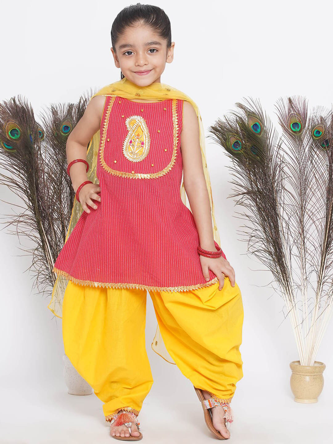 Little Bansi Girls Striped Gotta Patti Pure Cotton Kurta With Patiala & Dupatta