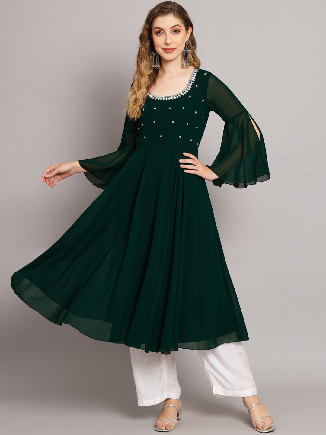 Poshak Hub Embroidered Thread Work Scoop Neck Bell Sleeves Anarkali Kurta