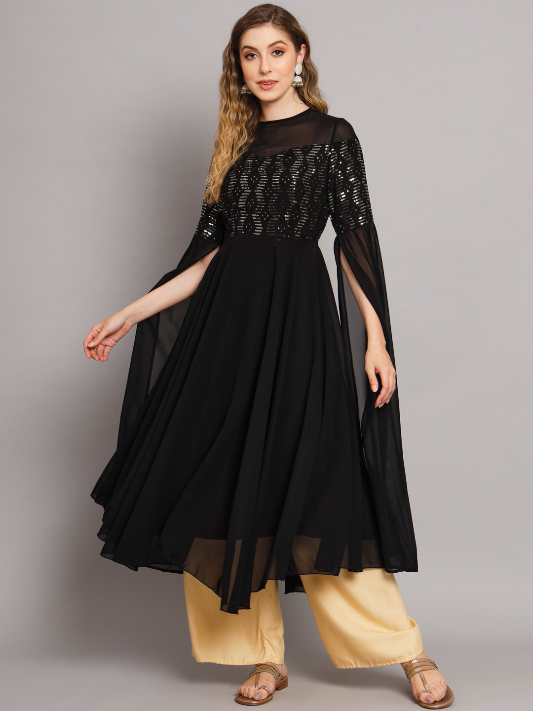 Poshak Hub Yoke Design Flared Sleeves Sequinned Georgette Anarkali Kurta