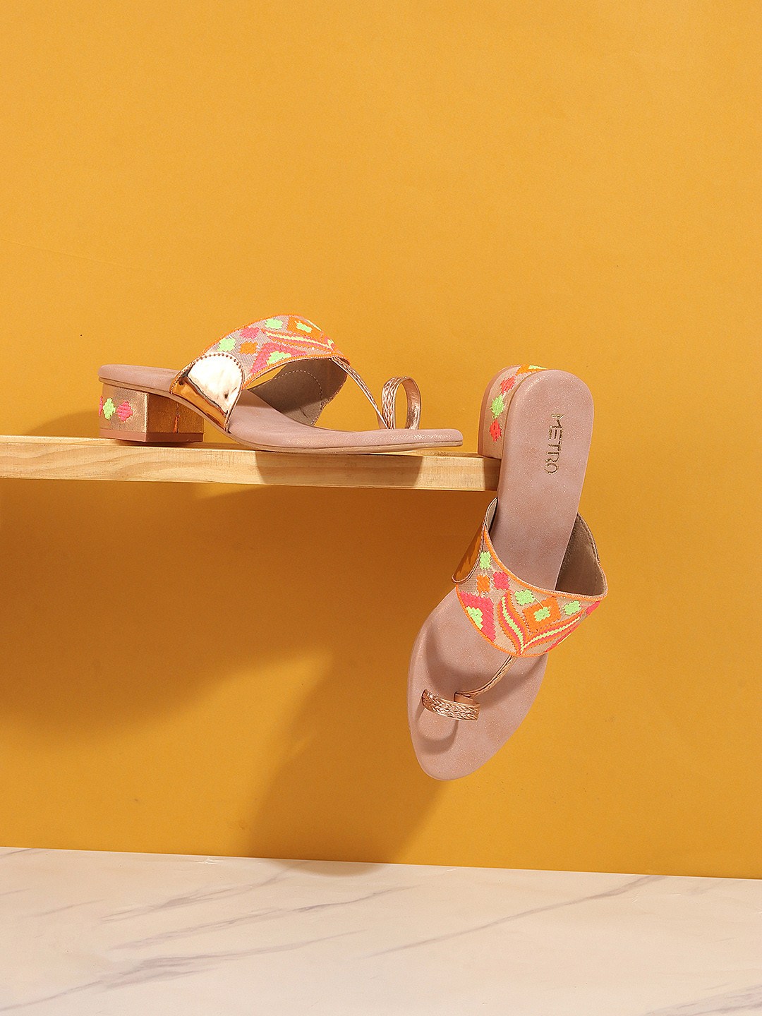 Metro Ethnic Embellished Woven Design Open One Toe Block Heels