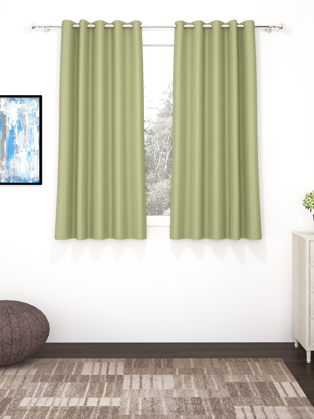 Story@Home Faux Silk Solid Solid 300GSM Light Green Room Darkening Blackout Window Curtain - Set of 2
