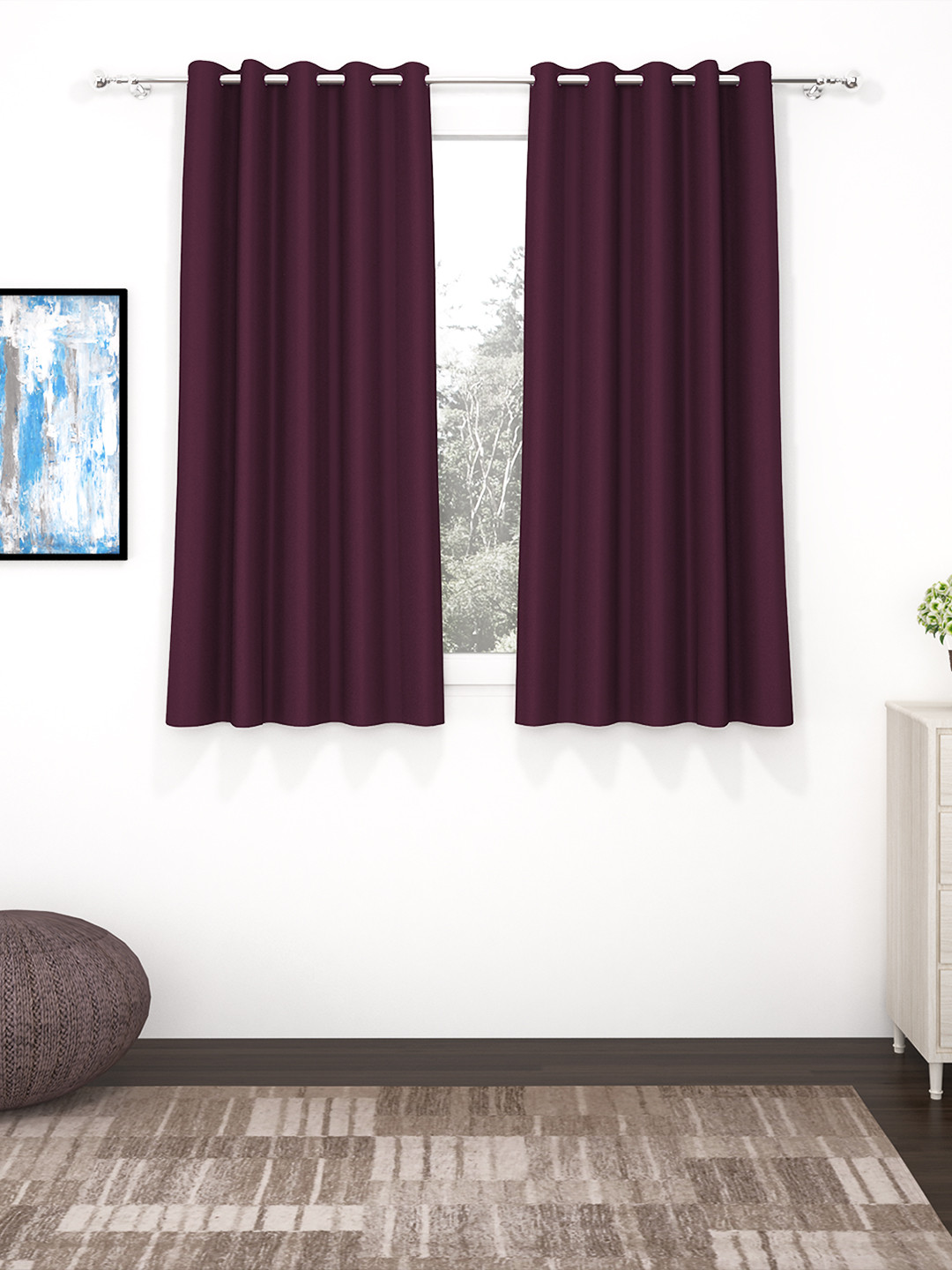 Story@Home Faux Silk Solid Solid 300GSM Purple Room Darkening Blackout Window Curtain - Set of 2