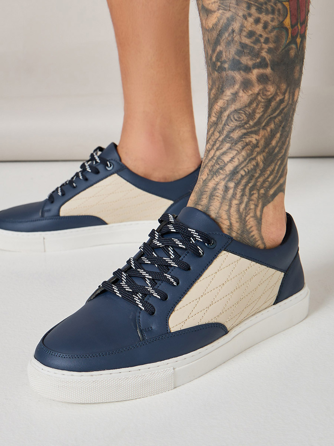 Styli Men Navy Blue And Beige Colourblocked Sneakers