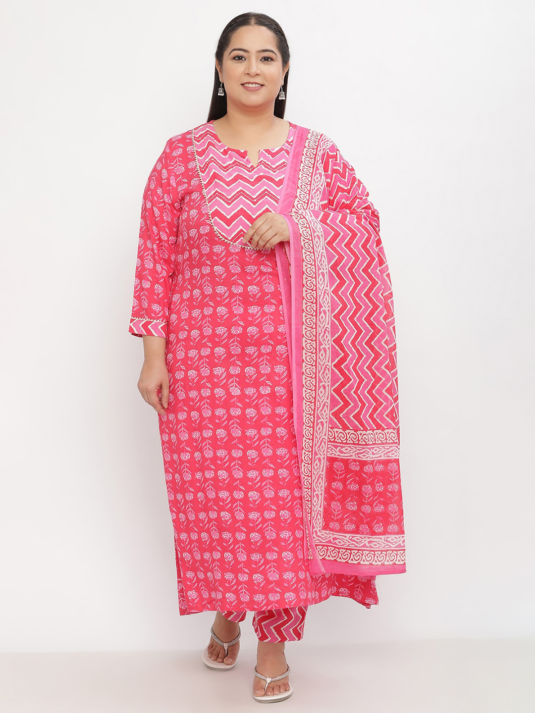 Sringam Pink Plus Size Floral Printed Kurta With Trousers & Dupatta