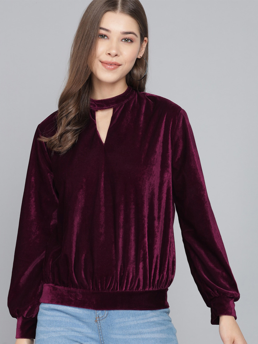 VAARARO Burgundy Velvet Choker Neck Blouson Top