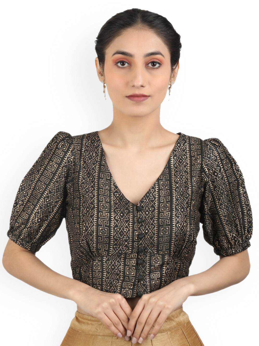 Llajja Printed Art Silk Puff Sleeves Non Padded Saree Blouse
