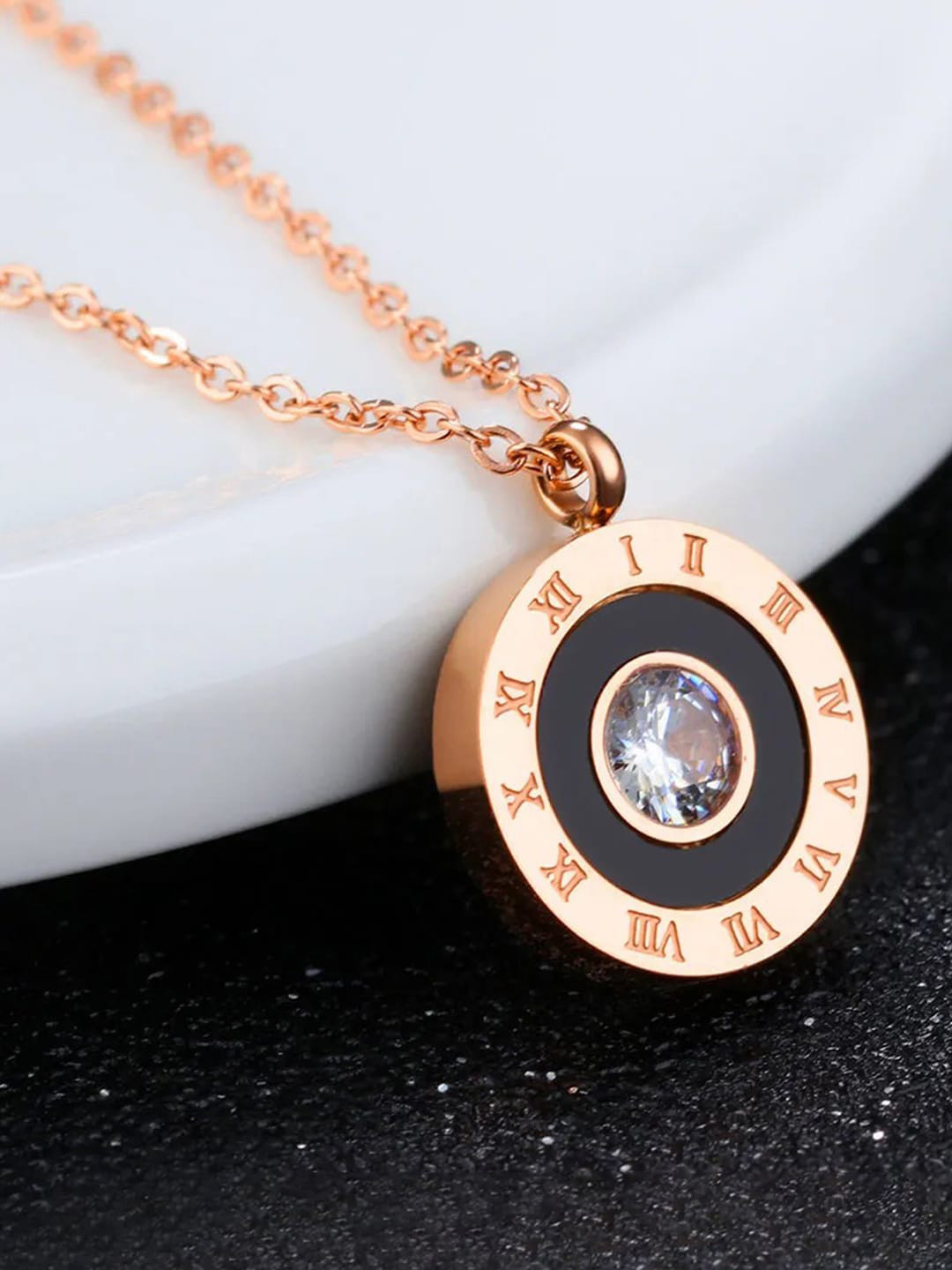 Jewels Galaxy Rose Gold-Plated CZ Studded Round Pendant With Chain