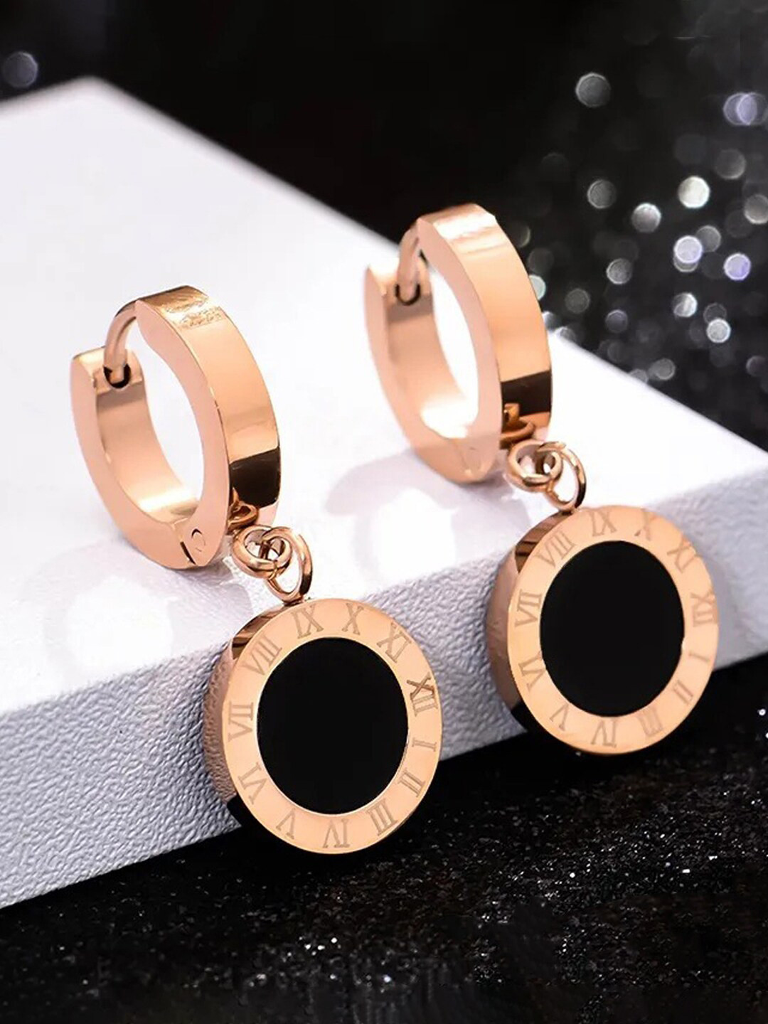 Jewels Galaxy Rose Gold-Plated Circular Roman Numerals Drop Earrings