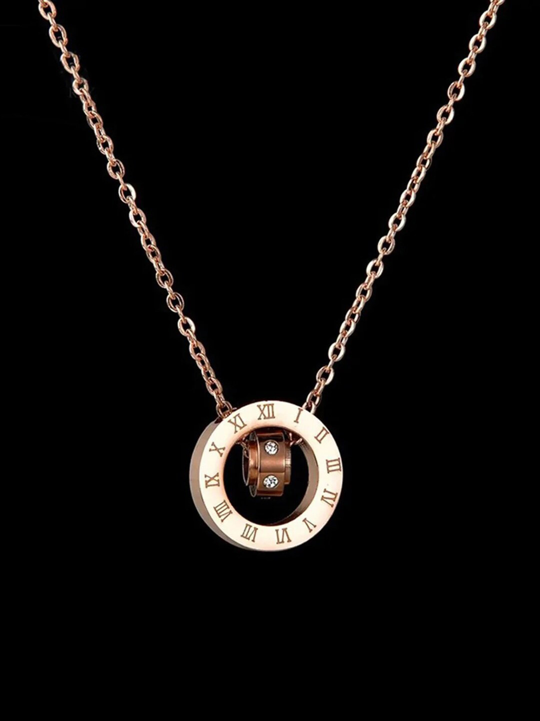 Jewels Galaxy Rose Gold-Plated Stone-Studded & Roman Numerals-Charm Pendant With Chain