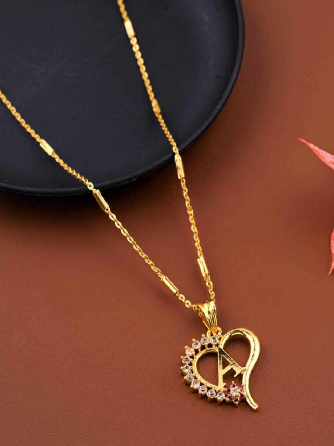 JEWEL WORLD Gold-Plated Stone-Studded A Letter Heart Pendant Chain