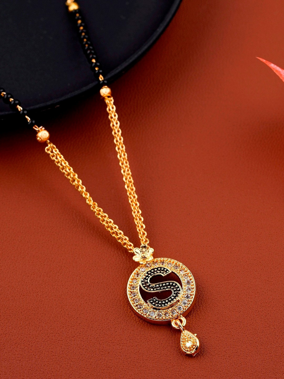 JEWEL WORLD Gold Plated Black Beaded S-Letter Mangalsutra