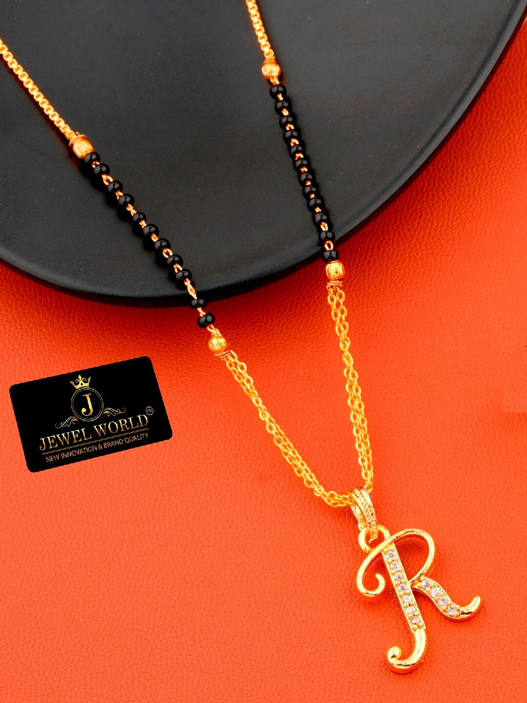 JEWEL WORLD Gold Plated Black Beaded R-Letter Mangalsutra