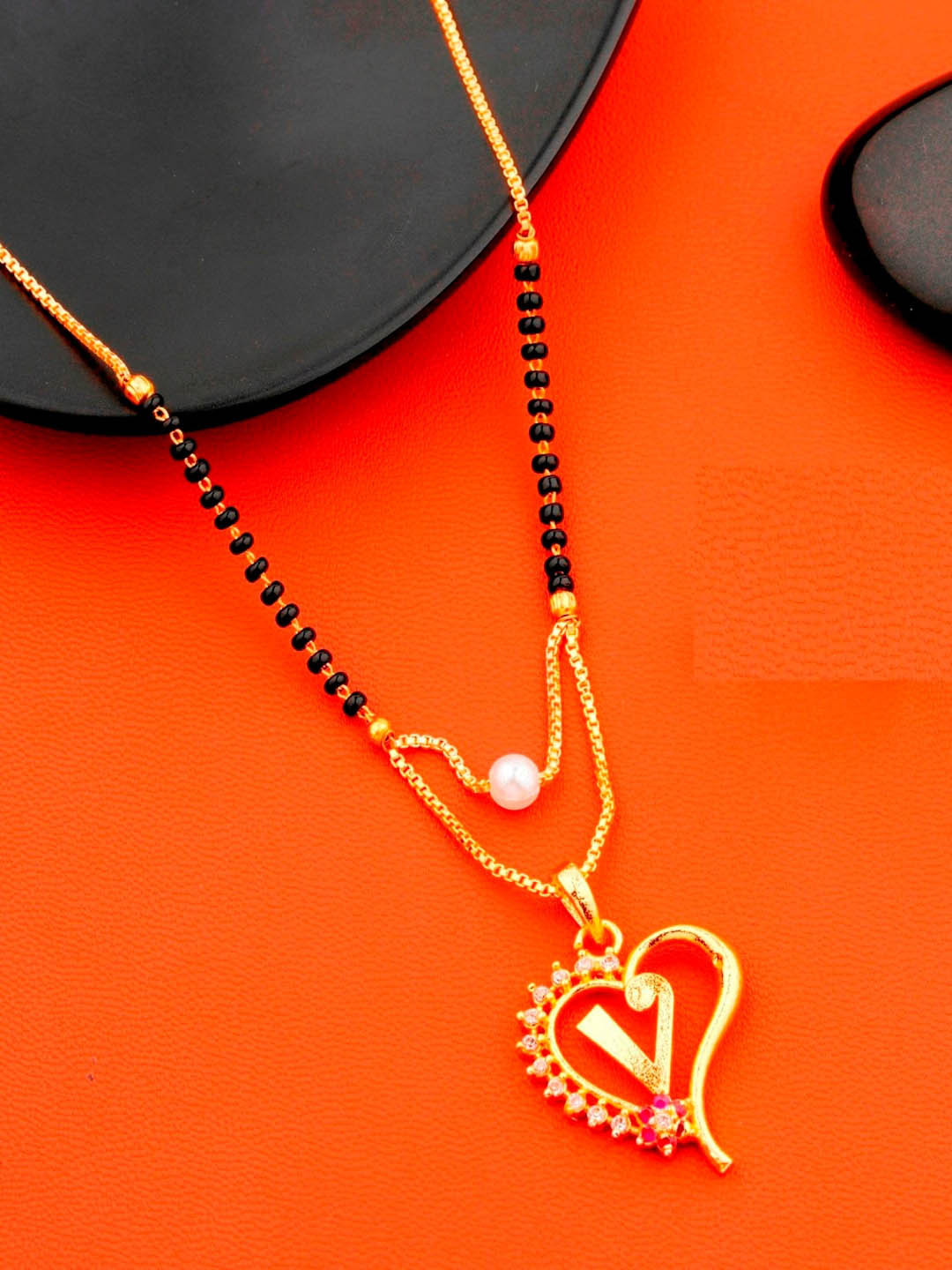 JEWEL WORLD Gold Plated Black Beaded V-Letter Mangalsutra