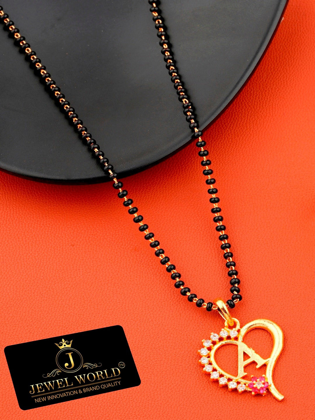 JEWEL WORLD Gold Plated Black Beaded A-Letter Mangalsutra