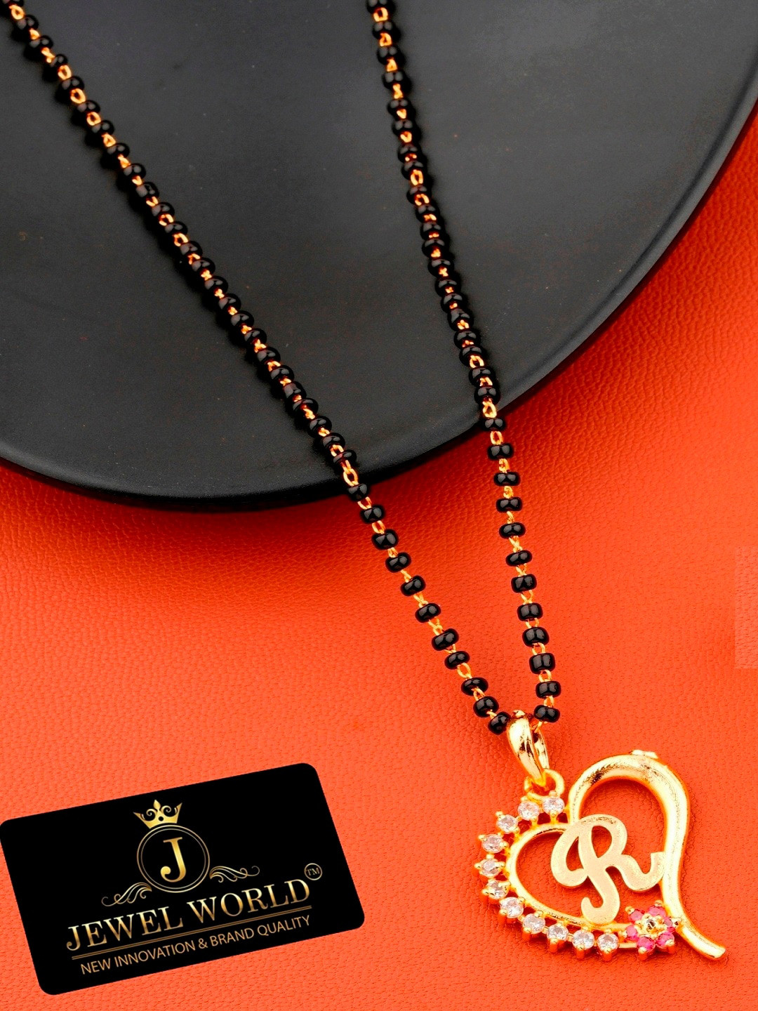 JEWEL WORLD Gold Plated Black Beaded R-Letter Mangalsutra