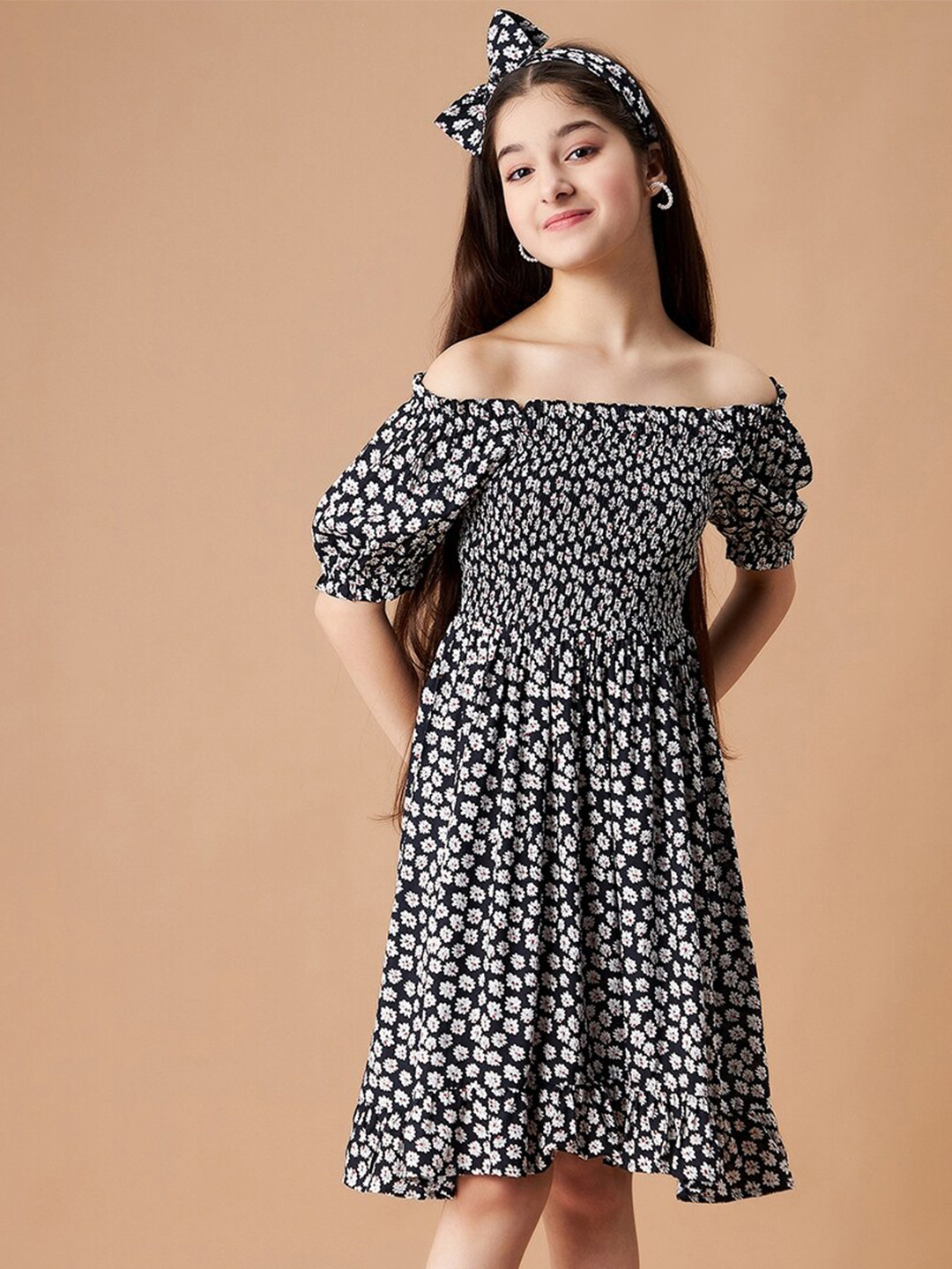 Cherry & Jerry Girls Floral Printed Off-Shoulder Puff Sleeves Fit & Flare Dress