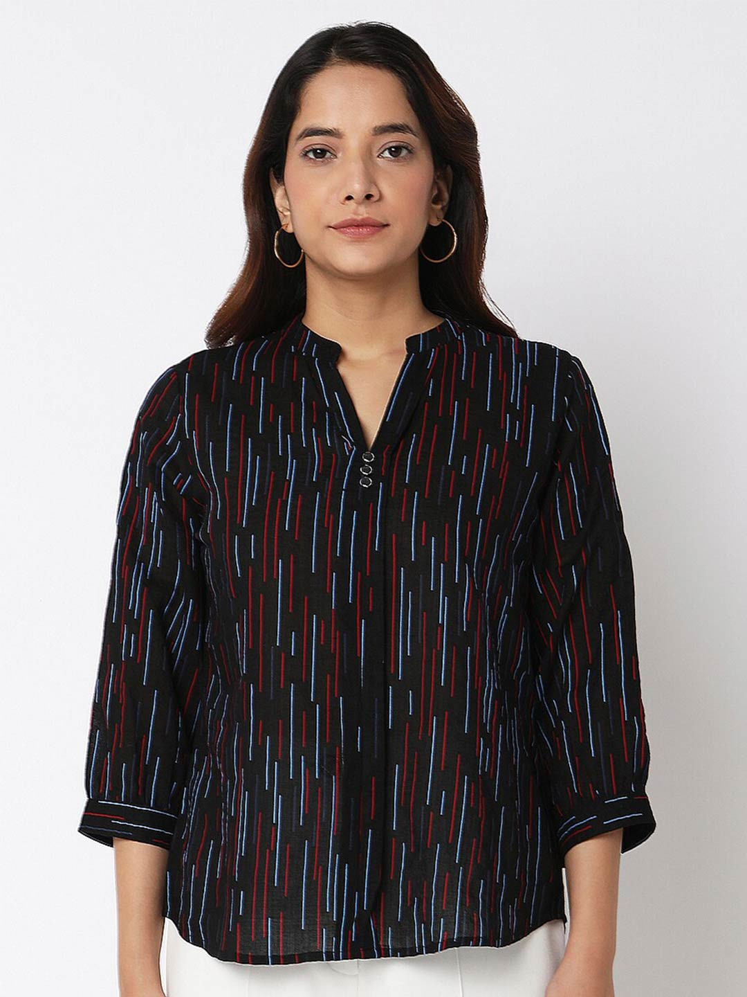 NOT SO PINK Striped Mandarin Collar Cotton Shirt Style Top