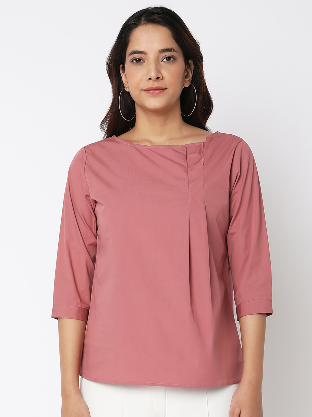 NOT SO PINK Boat Neck Pleated Cotton Top