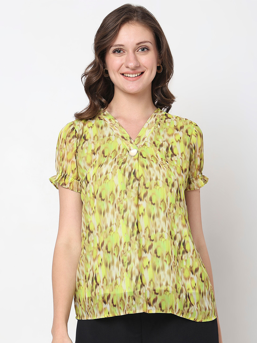 NOT SO PINK Abstract Printed V-Neck Georgette Top