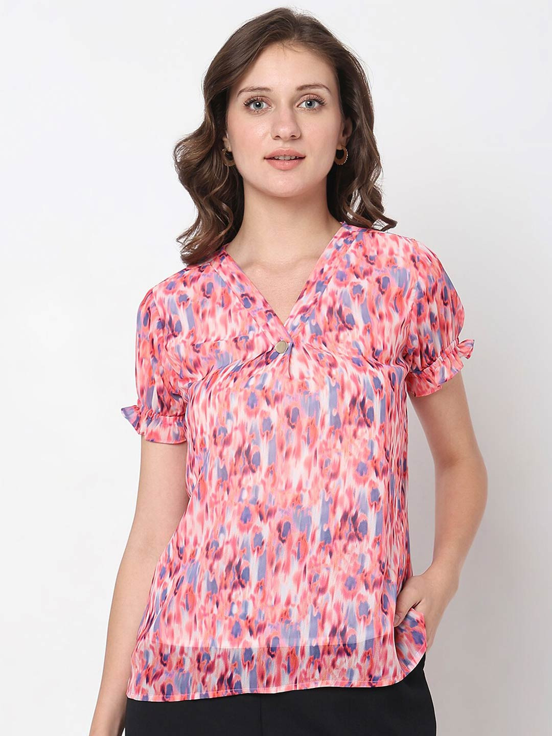 NOT SO PINK Abstract Printed Puff Sleeves Top