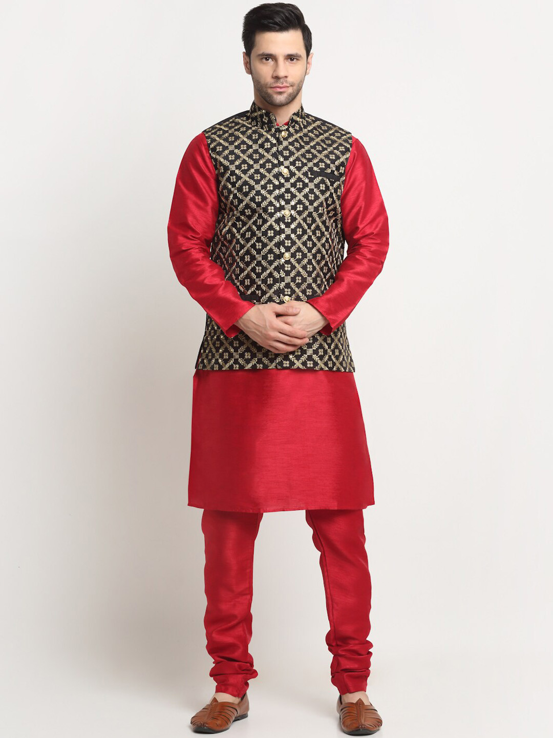 KRAFT INDIA Straight Kurta With Churidar & Embroidered Nehru Jacket