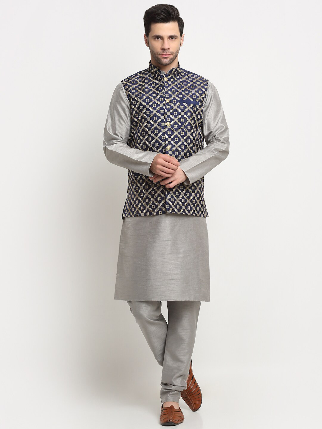 KRAFT INDIA Straight Pure Silk Kurta with Churidar & Nehru Jacket