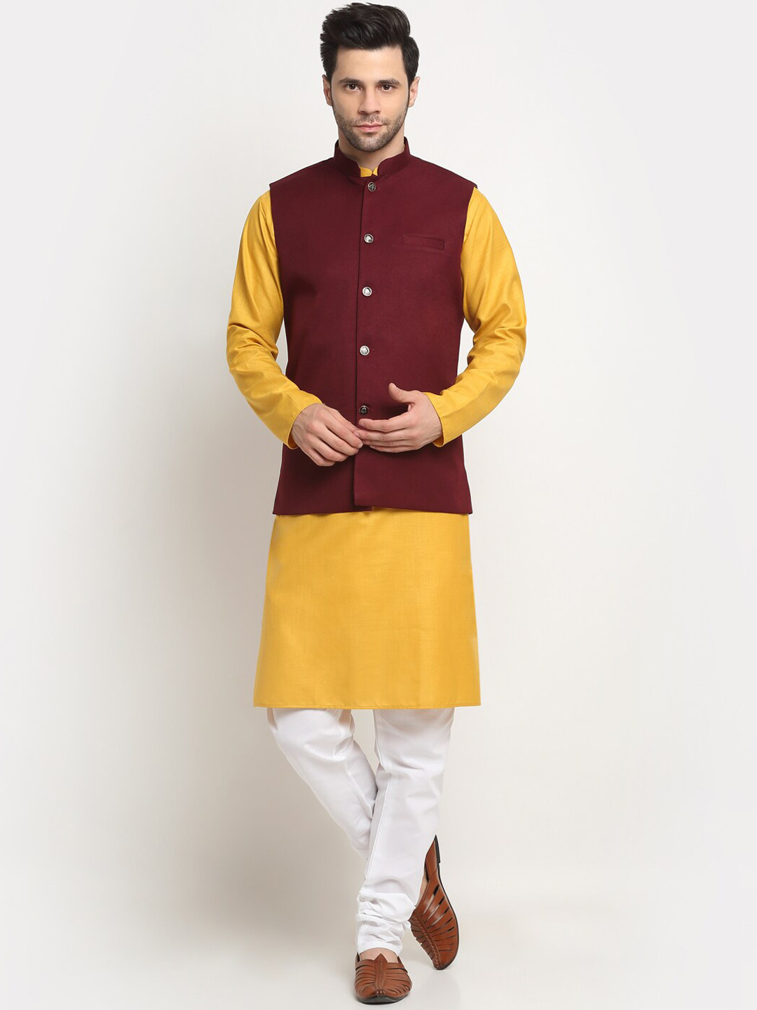 KRAFT INDIA Regular Pure Cotton Kurta With Churidar & Nehru Jacket