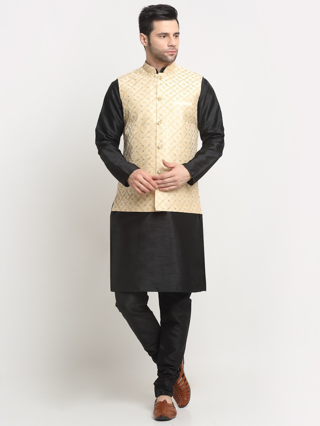 KRAFT INDIA Straight Pure Silk Kurta with Churidar & Nehru Jacket