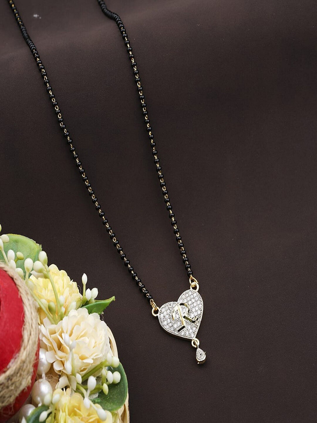 JEWEL WORLD Gold-Plated Stone Studded & Beaded Alphabet R Letter Mangalsutra