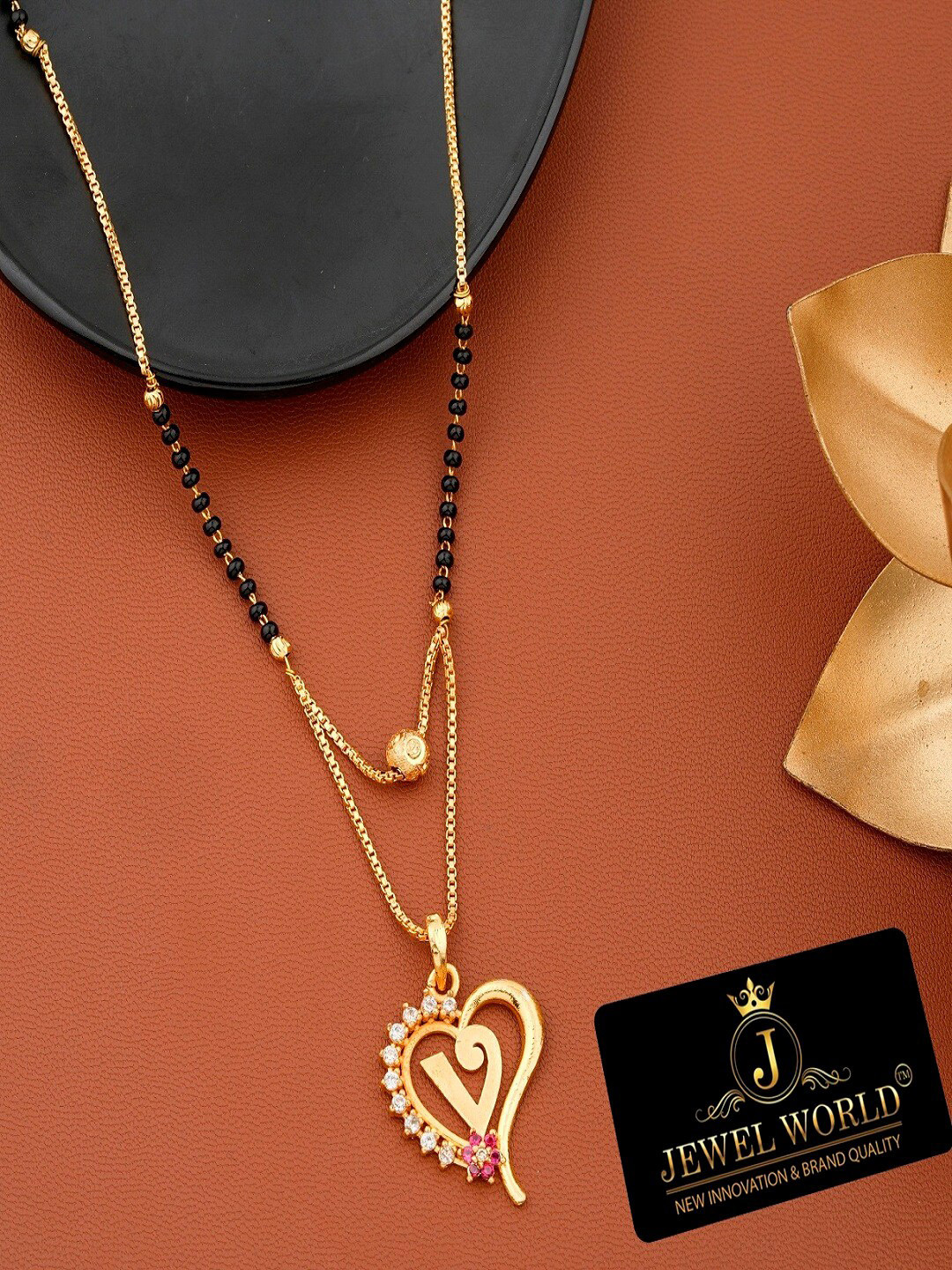 JEWEL WORLD Gold-Plated Stone Studded & Beaded Alphabet V Letter Mangalsutra