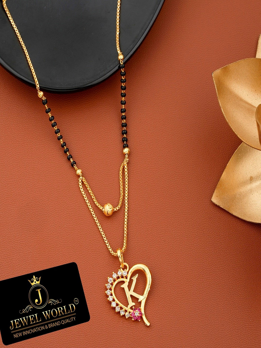 JEWEL WORLD Gold-Plated Stone Studded & Beaded Alphabet K Letter Mangalsutra