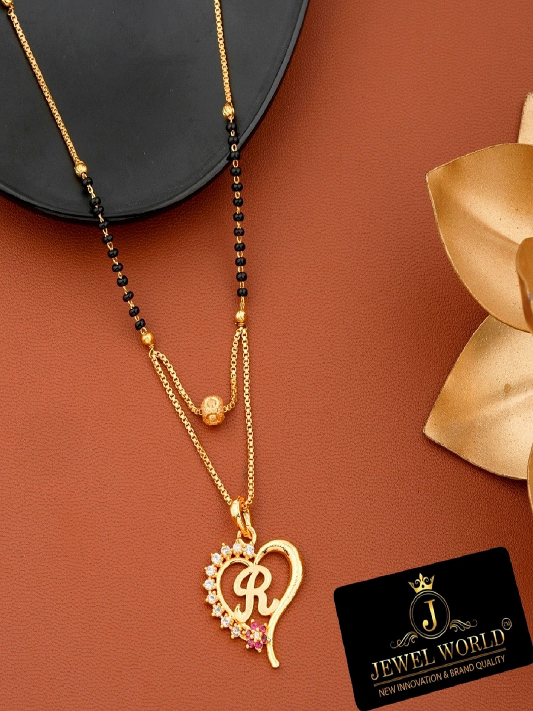 JEWEL WORLD Gold-Plated Stone Studded & Beaded Alphabet R Letter Mangalsutra