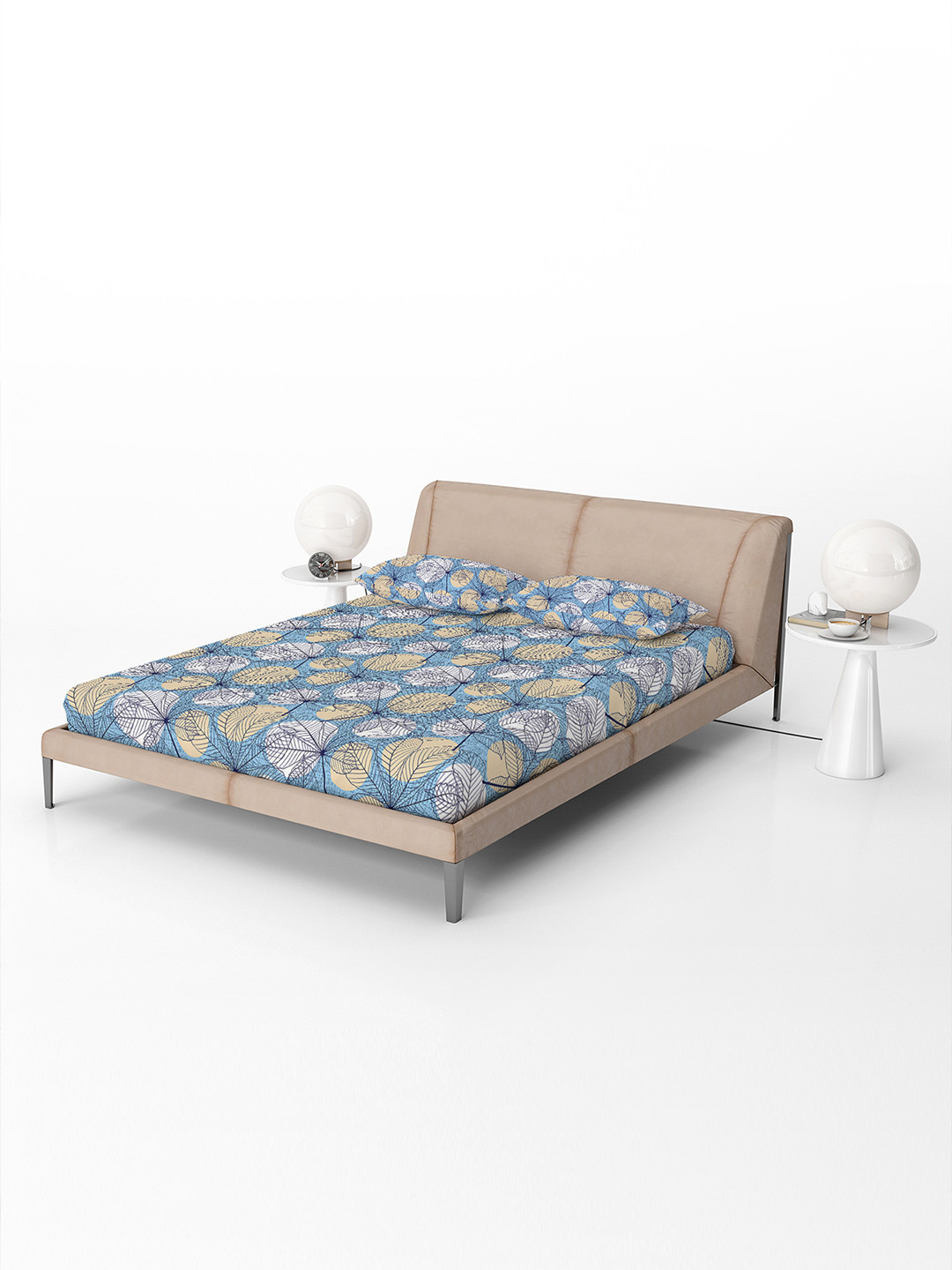 Divine Casa Fittedbedsheet Blue Leaf Cotton 120 TC Fitted Queen Bedsheet with 2 Pillow Covers-150 x 225 cm