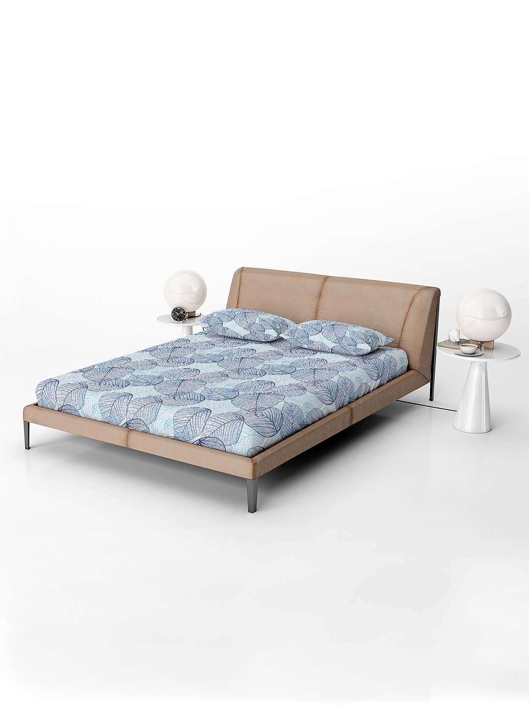 Divine Casa Iris Blue Floral Cotton 120 TC Fitted Queen Bedsheet with 2 Pillow Covers-150 x 200 x 25 cm