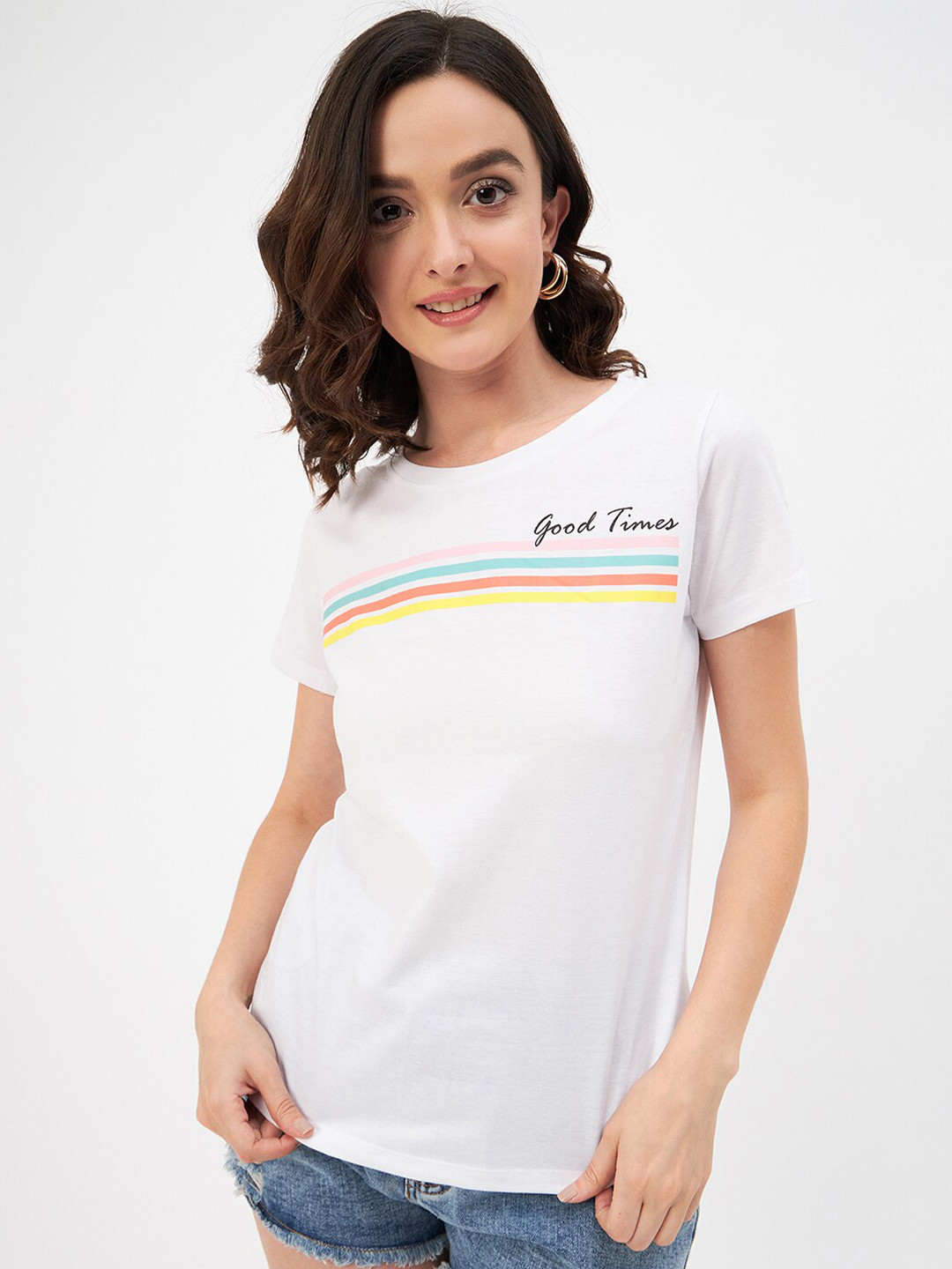 Mast & Harbour White Striped Pure Cotton T-shirt