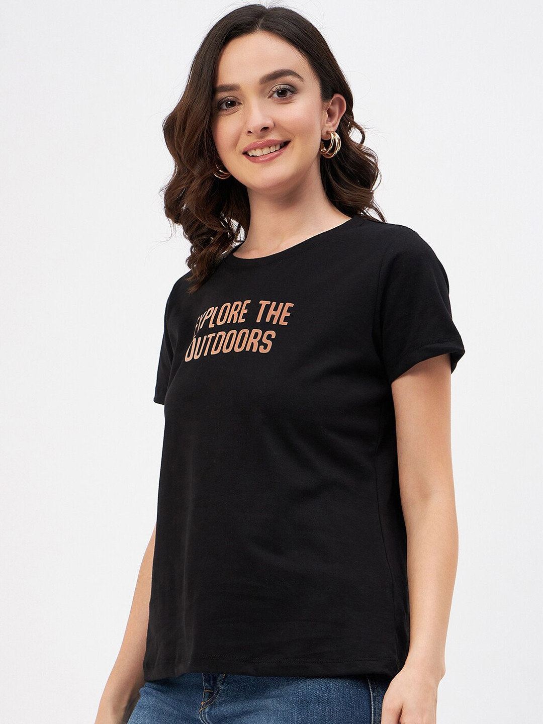Mast & Harbour Black Typography Printed Pure Cotton T-shirt