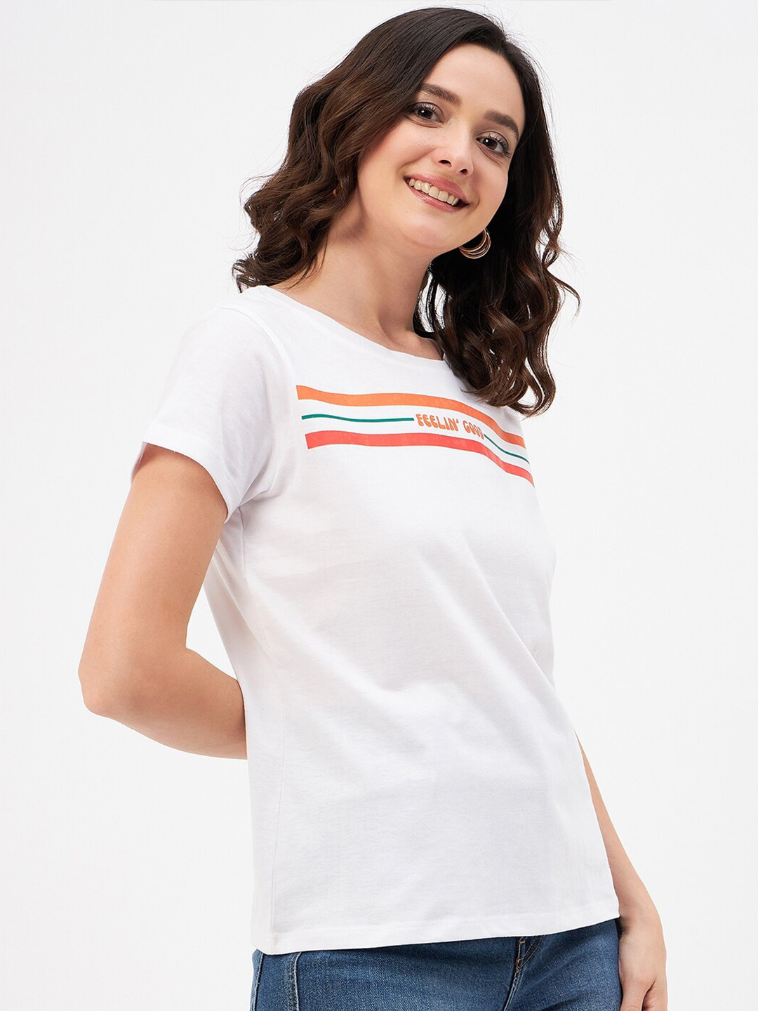Mast & Harbour Pink & Orange Typography Printed Pure Cotton T-shirt