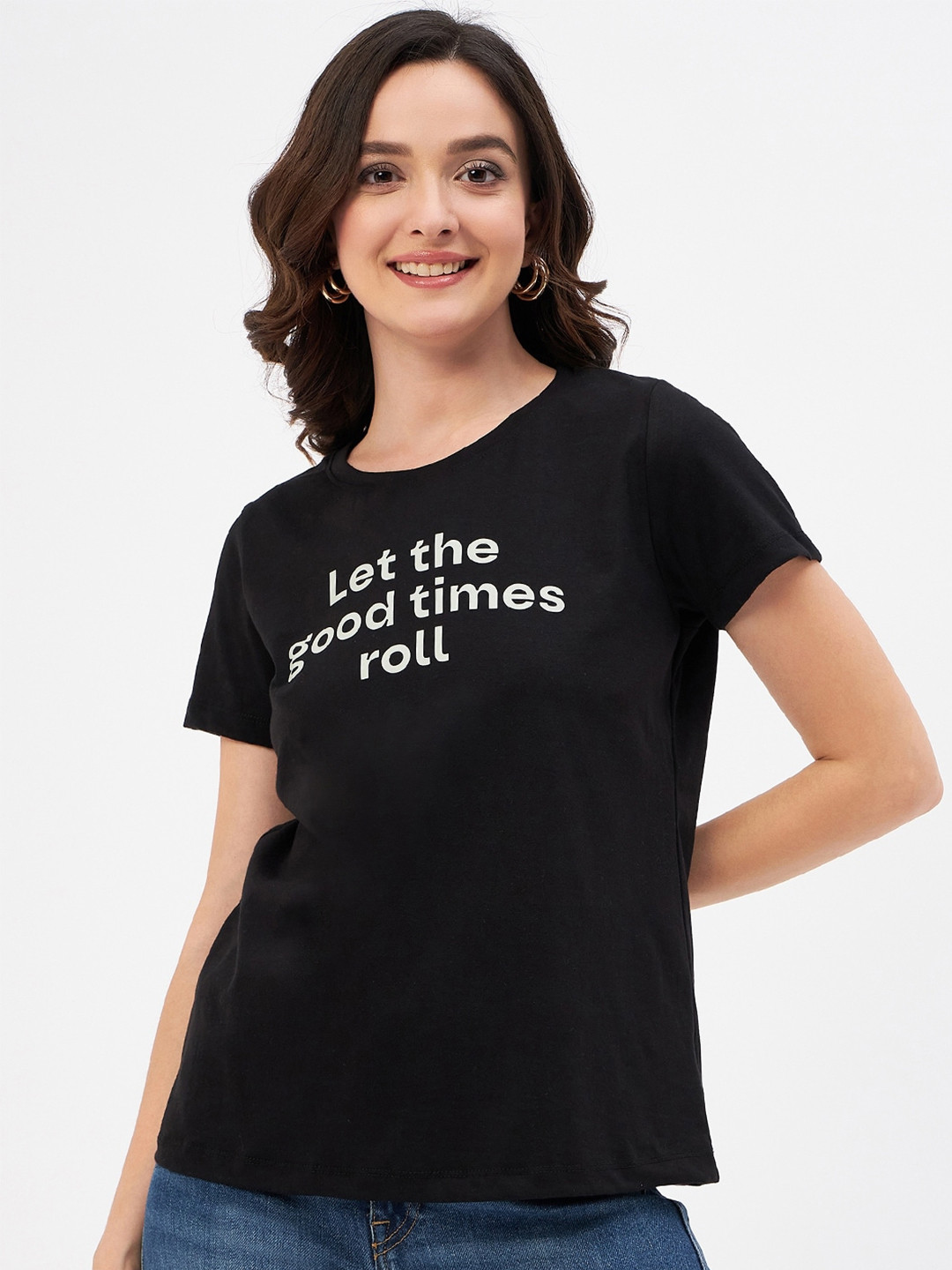 Mast & Harbour Black & White Typography Printed Pure Cotton T-shirt