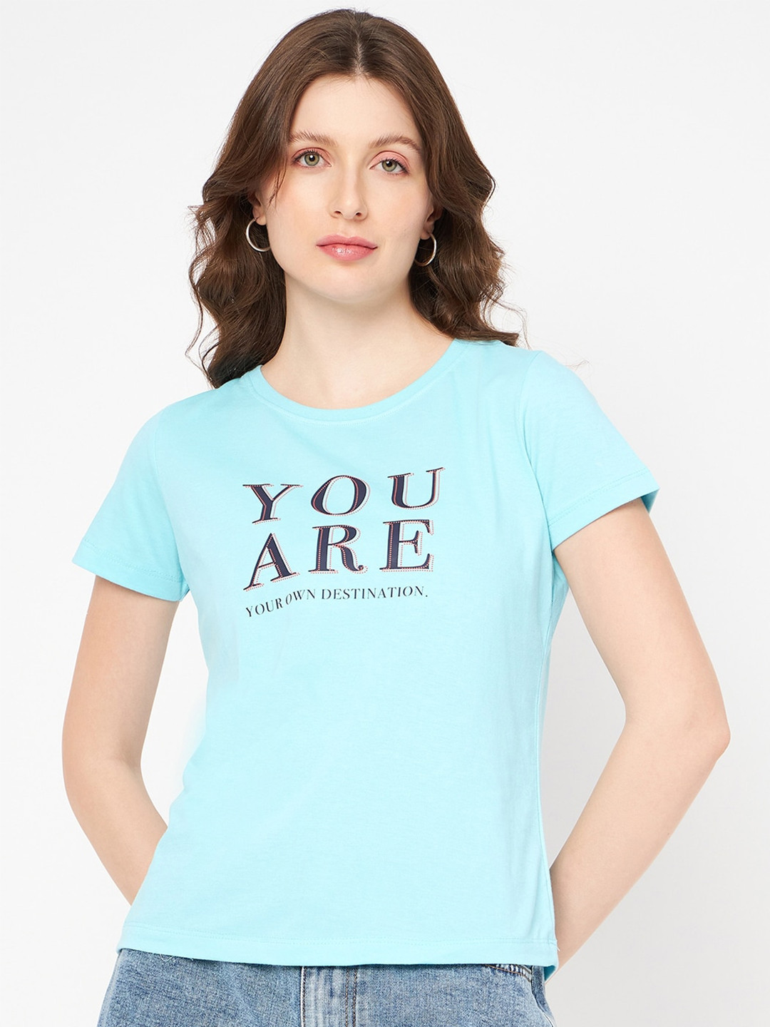 Mast & Harbour Blue & Black Typography Printed Pure Cotton T-shirt