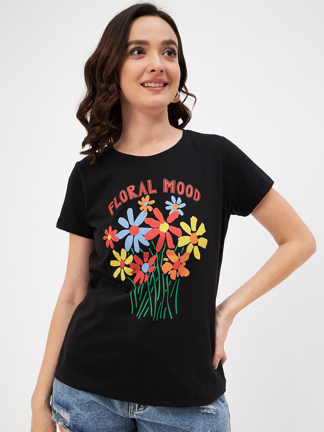 Mast & Harbour Black & Red Floral Printed Pure Cotton T-shirt
