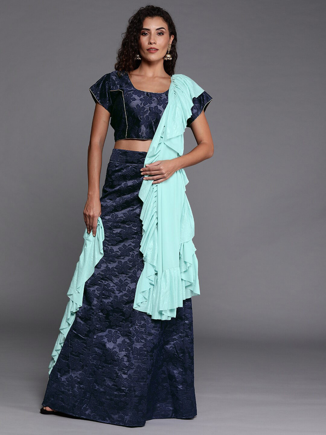 Sangria Navy Blue Self Design Silk Lehenga Choli