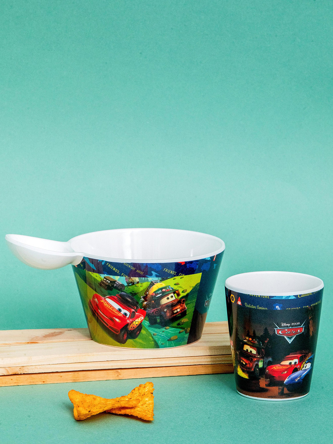 Servewell Kids 2 Pieces White Melamine Cars Printed Fries Dip Bowl & Glass