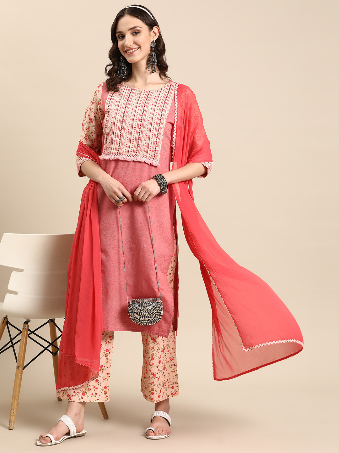 Sangria Floral Regular Thread Work Kurta With Palazzos & Dupatta