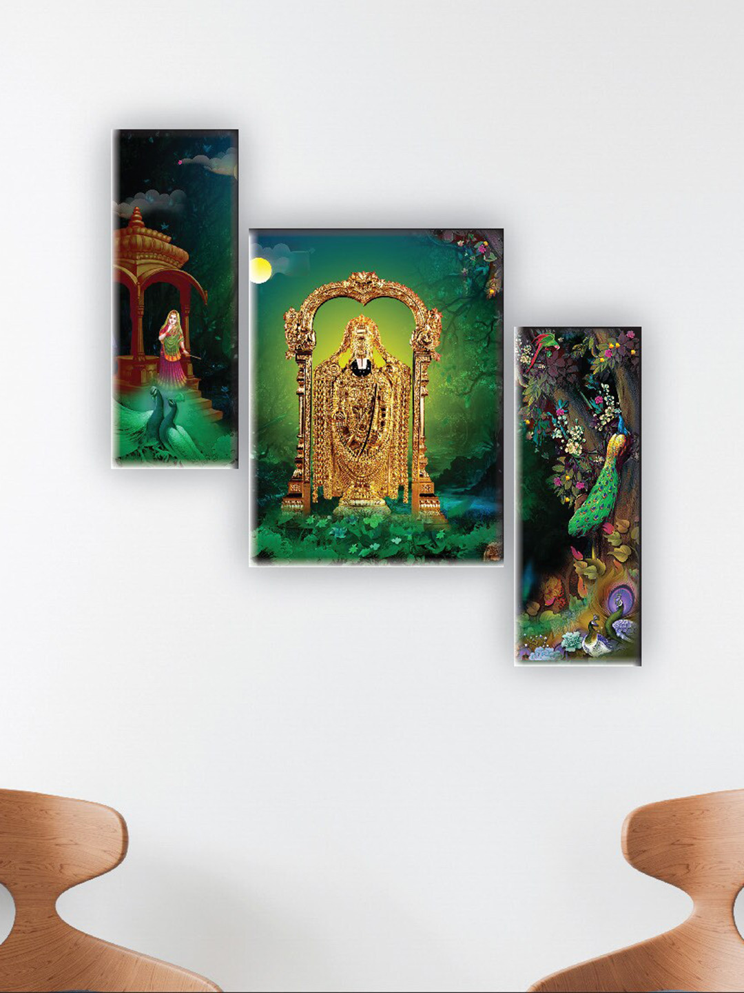 SAF Green & Yellow 3 Pieces Tirupati Balaji Printed UV Textured Wall Arts