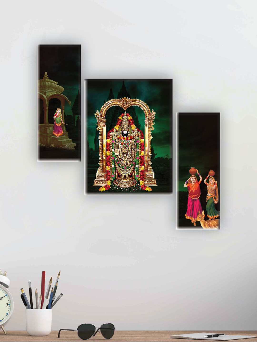 SAF Green & Pink 3 Pieces Tirupati Balaji Printed UV Textured Wall Arts