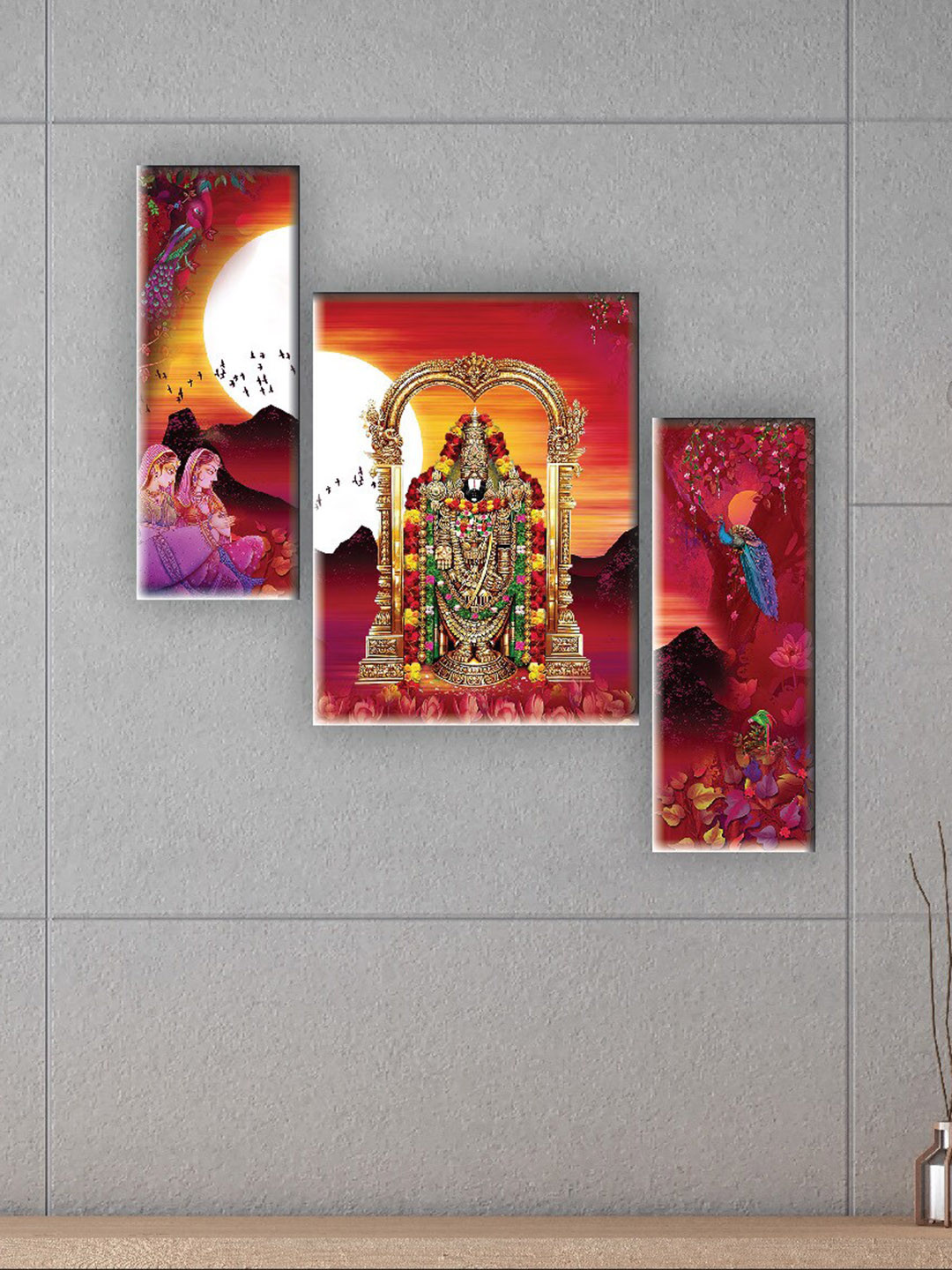 SAF Red & Purple 3 Pieces Tirupati Balaji Printed UV Textured Wall Arts